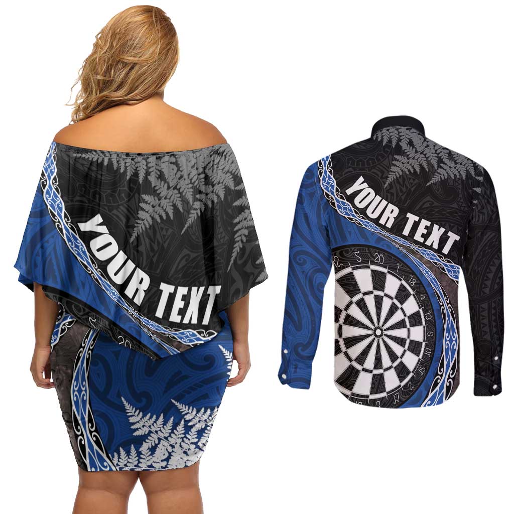 Personalised New Zealand Darts Couples Matching Off Shoulder Short Dress and Long Sleeve Button Shirt Koru Tribal Tattoo and Silver Fern Maori Pattern Blue Color LT03 - Polynesian Pride