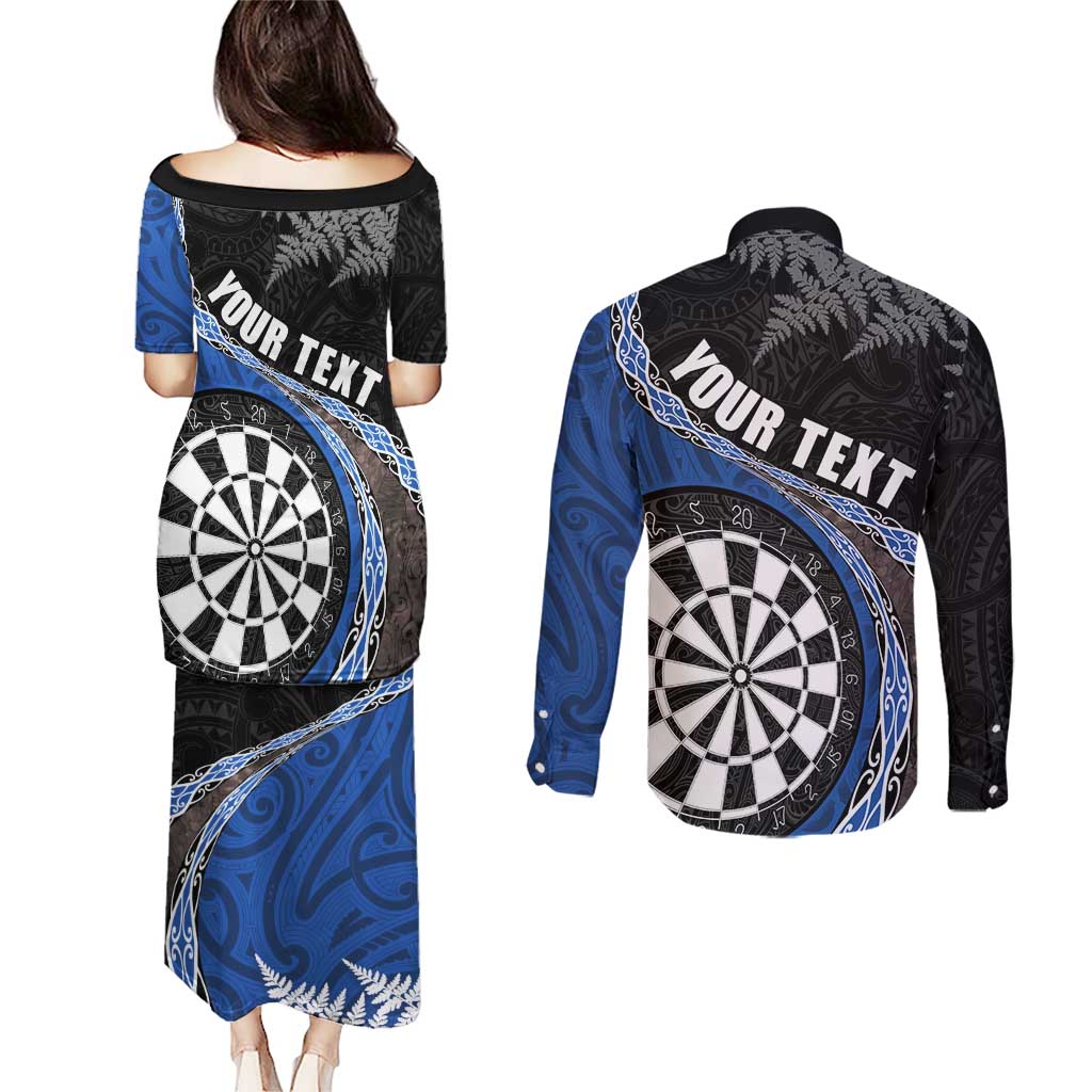 Personalised New Zealand Darts Couples Matching Puletasi and Long Sleeve Button Shirt Koru Tribal Tattoo and Silver Fern Maori Pattern Blue Color
