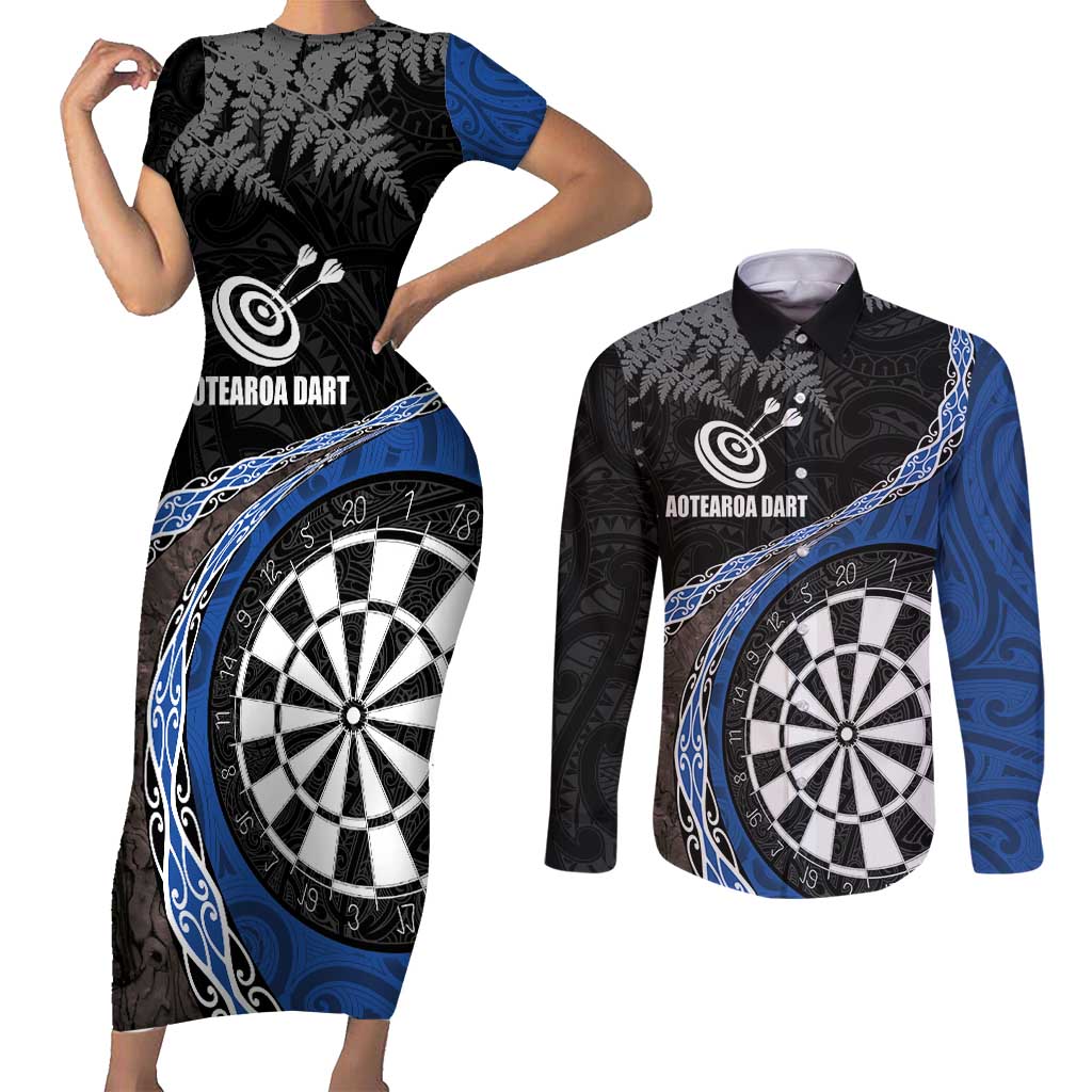 Personalised New Zealand Darts Couples Matching Short Sleeve Bodycon Dress and Long Sleeve Button Shirt Koru Tribal Tattoo and Silver Fern Maori Pattern Blue Color LT03 Blue - Polynesian Pride