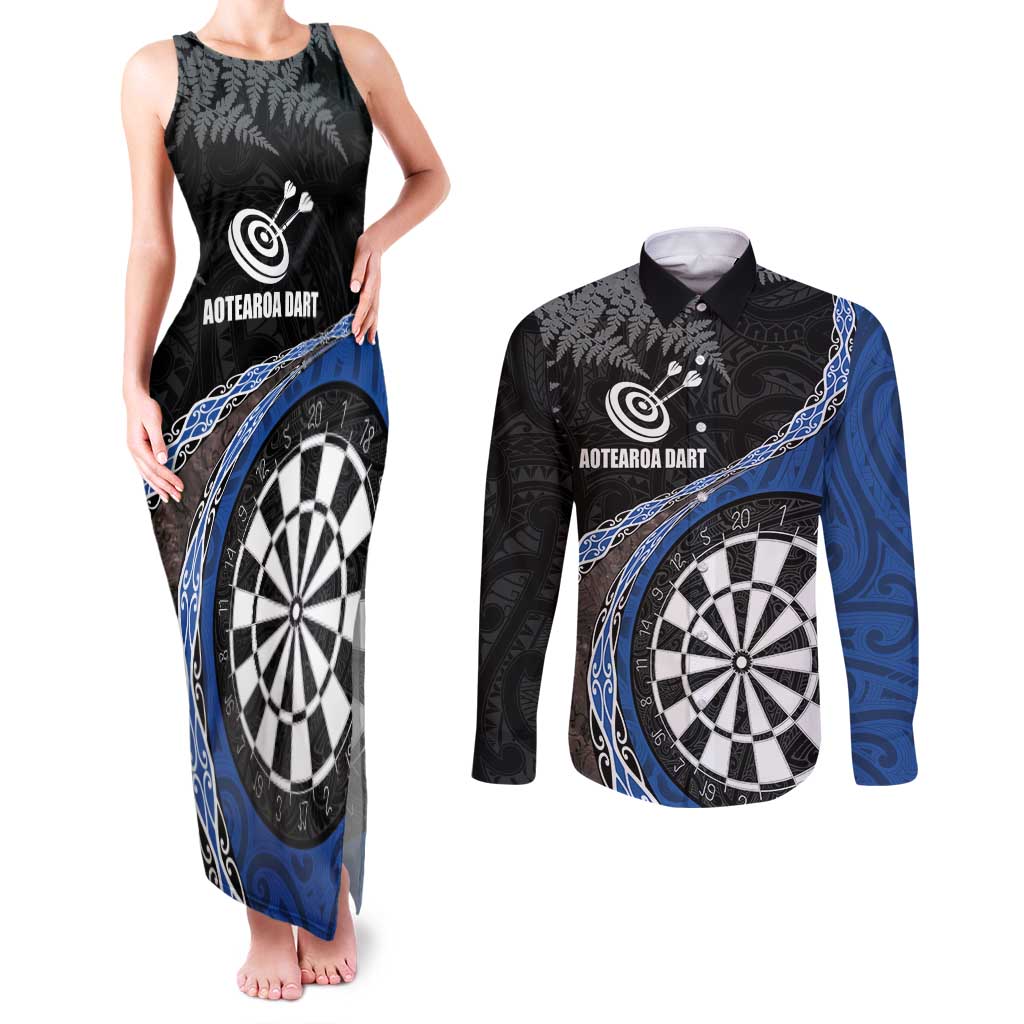 Personalised New Zealand Darts Couples Matching Tank Maxi Dress and Long Sleeve Button Shirt Koru Tribal Tattoo and Silver Fern Maori Pattern Blue Color LT03 Blue - Polynesian Pride