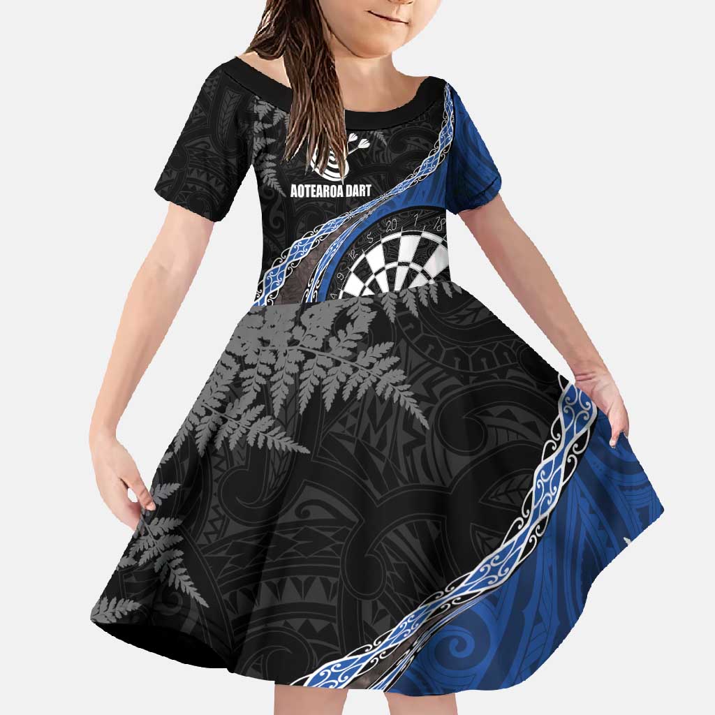 Personalised New Zealand Darts Family Matching Long Sleeve Bodycon Dress and Hawaiian Shirt Koru Tribal Tattoo and Silver Fern Maori Pattern Blue Color LT03 Daughter's Dress Blue - Polynesian Pride
