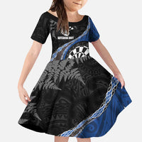 Personalised New Zealand Darts Family Matching Long Sleeve Bodycon Dress and Hawaiian Shirt Koru Tribal Tattoo and Silver Fern Maori Pattern Blue Color LT03 Daughter's Dress Blue - Polynesian Pride