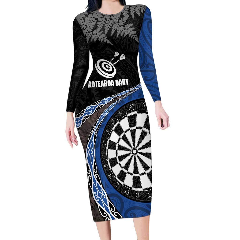 Personalised New Zealand Darts Family Matching Long Sleeve Bodycon Dress and Hawaiian Shirt Koru Tribal Tattoo and Silver Fern Maori Pattern Blue Color LT03 Mom's Dress Blue - Polynesian Pride