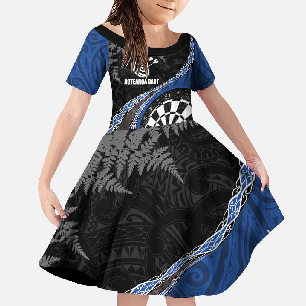 Personalised New Zealand Darts Family Matching Off Shoulder Maxi Dress and Hawaiian Shirt Koru Tribal Tattoo and Silver Fern Maori Pattern Blue Color LT03 Daughter's Dress Blue - Polynesian Pride