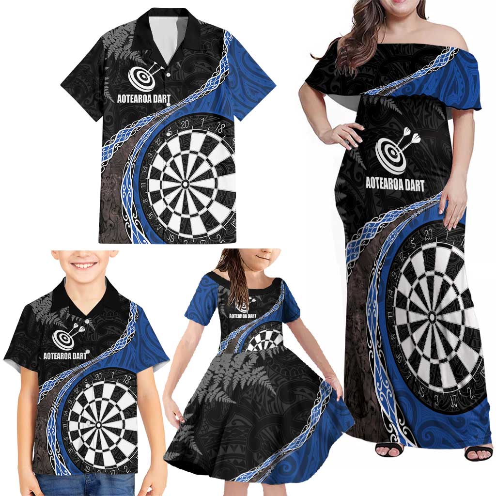 Personalised New Zealand Darts Family Matching Off Shoulder Maxi Dress and Hawaiian Shirt Koru Tribal Tattoo and Silver Fern Maori Pattern Blue Color LT03 - Polynesian Pride