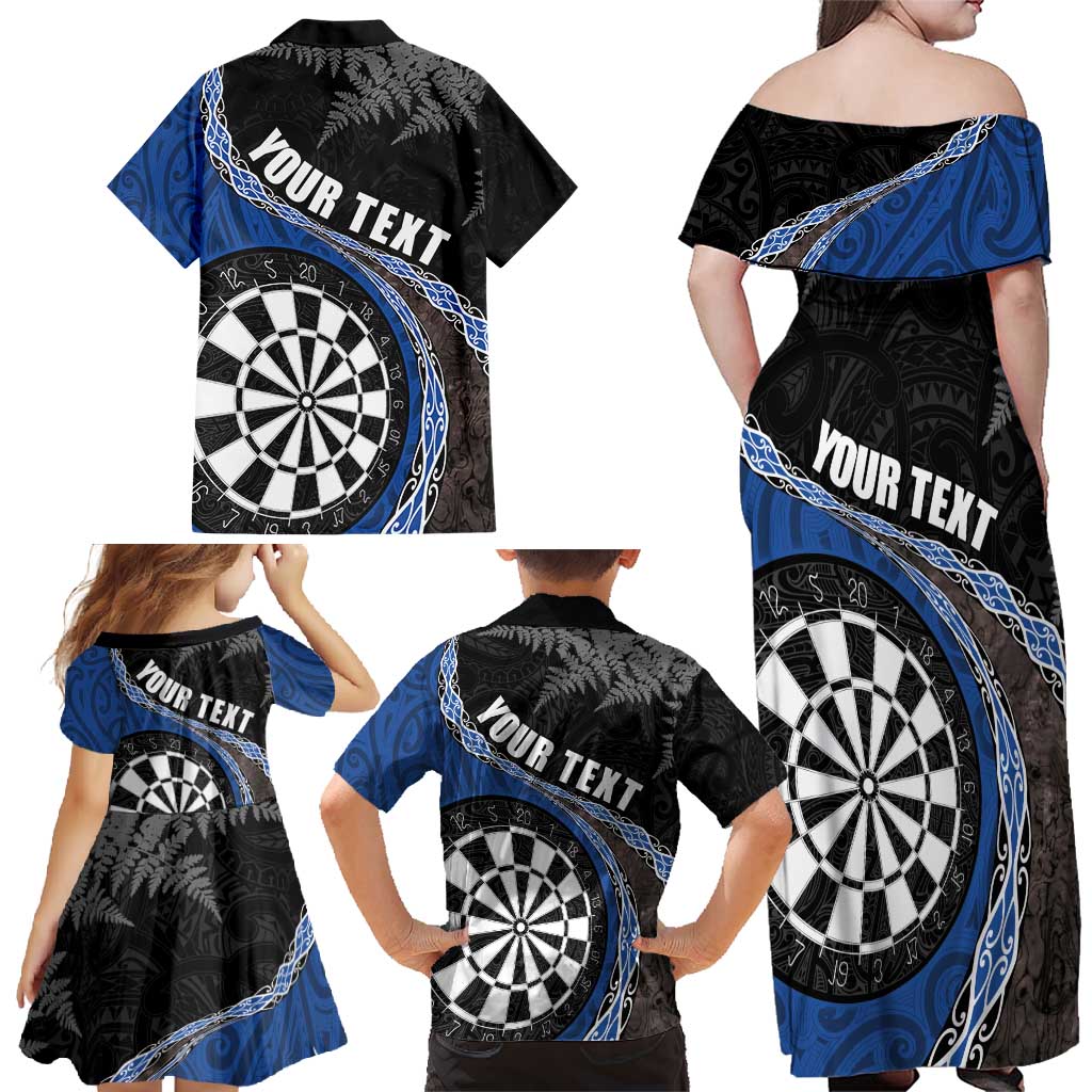 Personalised New Zealand Darts Family Matching Off Shoulder Maxi Dress and Hawaiian Shirt Koru Tribal Tattoo and Silver Fern Maori Pattern Blue Color LT03 - Polynesian Pride