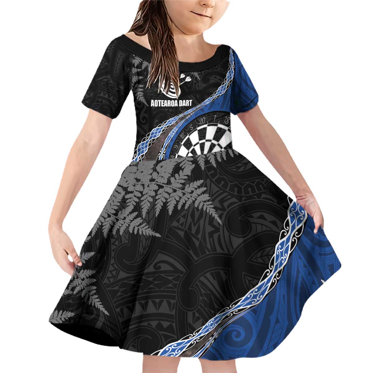 Personalised New Zealand Darts Family Matching Off Shoulder Short Dress and Hawaiian Shirt Koru Tribal Tattoo and Silver Fern Maori Pattern Blue Color LT03 Daughter's Dress Blue - Polynesian Pride