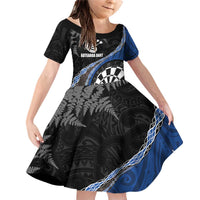 Personalised New Zealand Darts Family Matching Off Shoulder Short Dress and Hawaiian Shirt Koru Tribal Tattoo and Silver Fern Maori Pattern Blue Color LT03 Daughter's Dress Blue - Polynesian Pride