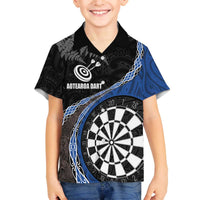 Personalised New Zealand Darts Family Matching Off Shoulder Short Dress and Hawaiian Shirt Koru Tribal Tattoo and Silver Fern Maori Pattern Blue Color LT03 Son's Shirt Blue - Polynesian Pride