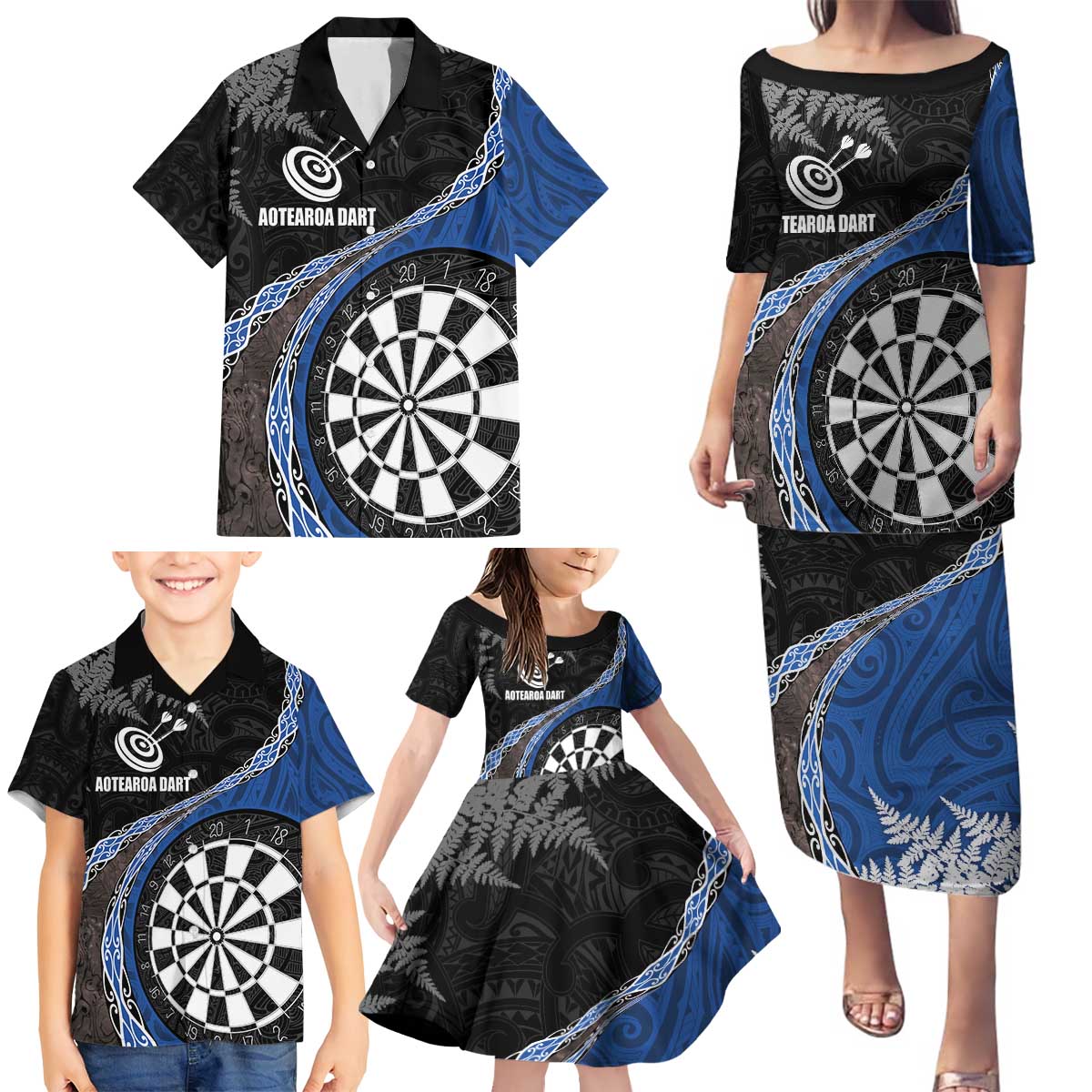 Personalised New Zealand Darts Family Matching Puletasi and Hawaiian Shirt Koru Tribal Tattoo and Silver Fern Maori Pattern Blue Color LT03 - Polynesian Pride