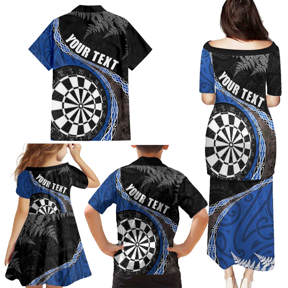 Personalised New Zealand Darts Family Matching Puletasi and Hawaiian Shirt Koru Tribal Tattoo and Silver Fern Maori Pattern Blue Color LT03 - Polynesian Pride