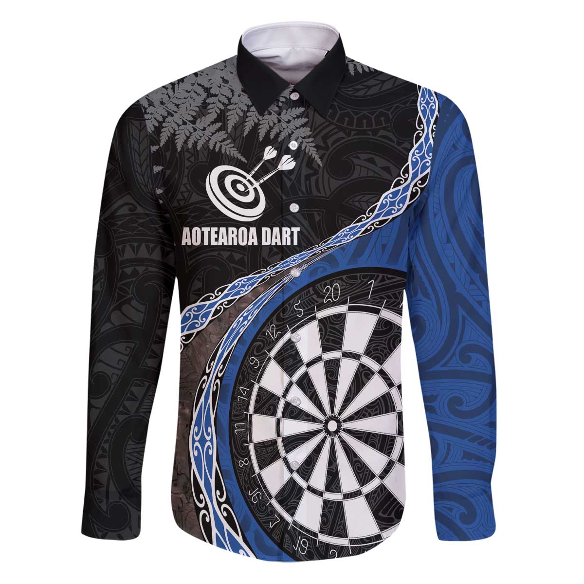 Personalised New Zealand Darts Family Matching Puletasi and Hawaiian Shirt Koru Tribal Tattoo and Silver Fern Maori Pattern Blue Color LT03 Dad's Shirt - Long Sleeve Blue - Polynesian Pride