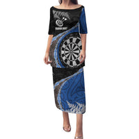 Personalised New Zealand Darts Family Matching Puletasi and Hawaiian Shirt Koru Tribal Tattoo and Silver Fern Maori Pattern Blue Color LT03 Mom's Dress Blue - Polynesian Pride