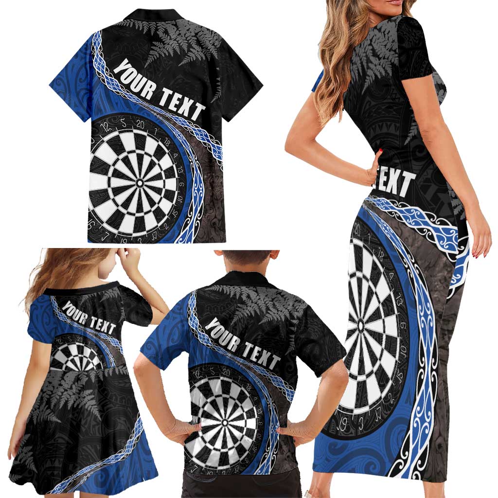 Personalised New Zealand Darts Family Matching Short Sleeve Bodycon Dress and Hawaiian Shirt Koru Tribal Tattoo and Silver Fern Maori Pattern Blue Color LT03 - Polynesian Pride