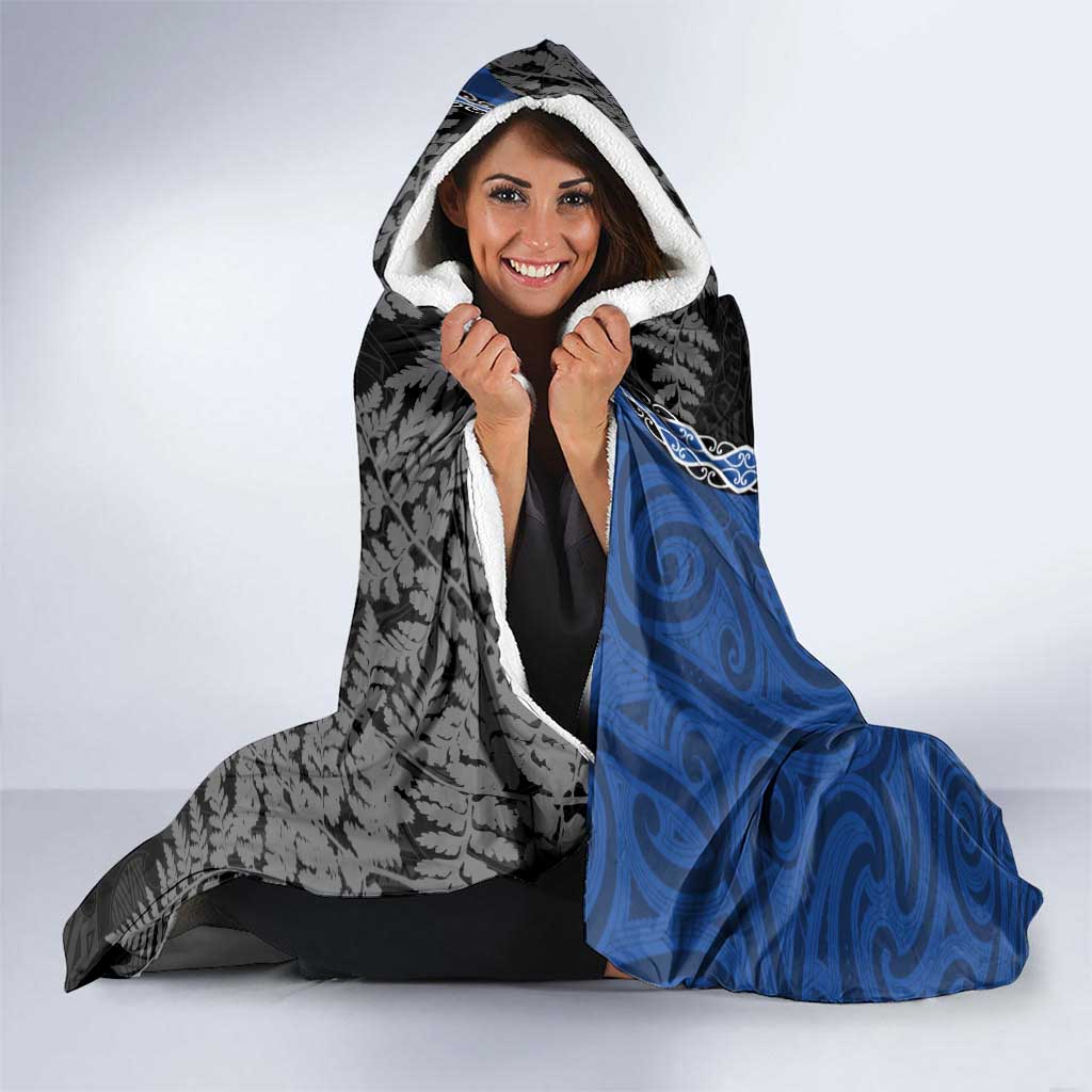 Personalised New Zealand Darts Hooded Blanket Koru Tribal Tattoo and Silver Fern Maori Pattern Blue Color