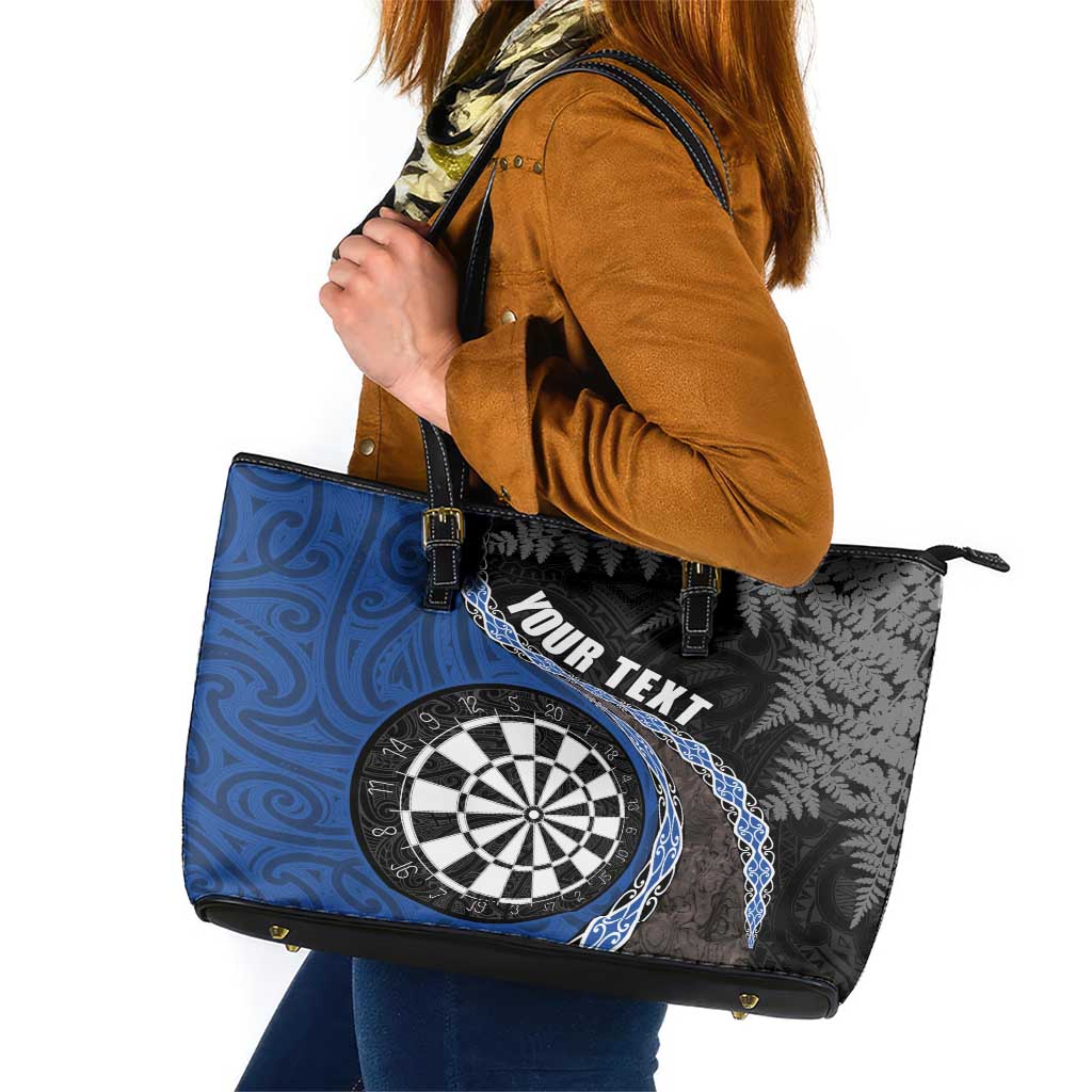 Personalised New Zealand Darts Leather Tote Bag Koru Tribal Tattoo and Silver Fern Maori Pattern Blue Color LT03 Blue - Polynesian Pride