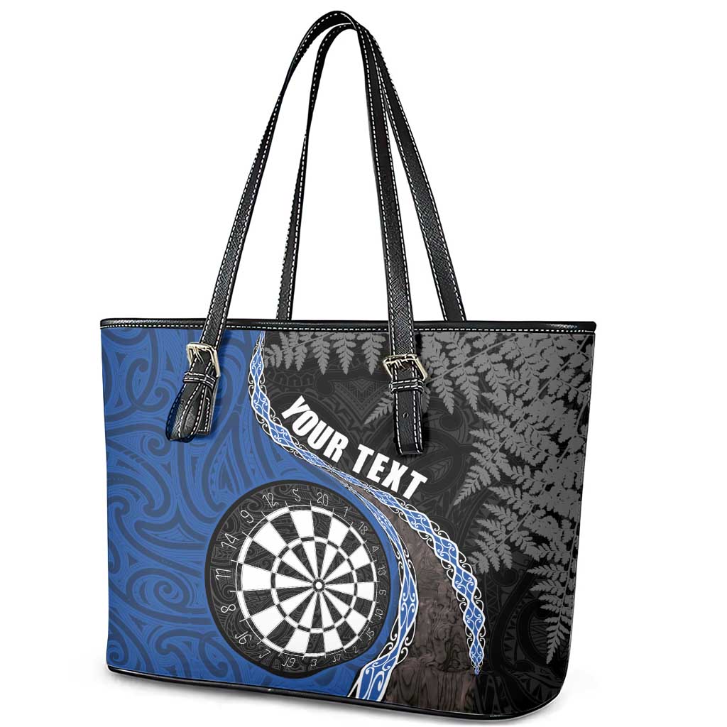 Personalised New Zealand Darts Leather Tote Bag Koru Tribal Tattoo and Silver Fern Maori Pattern Blue Color LT03 - Polynesian Pride