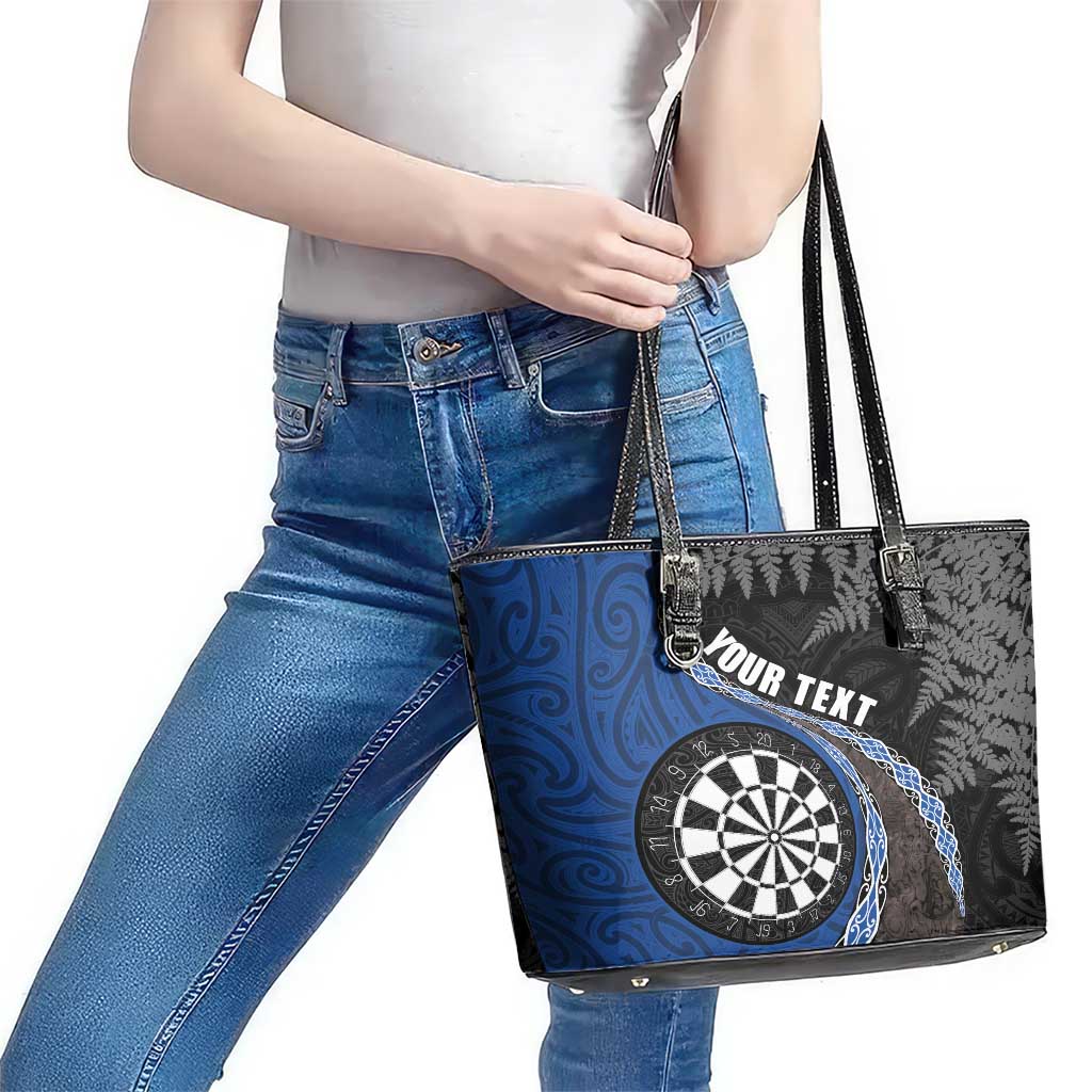 Personalised New Zealand Darts Leather Tote Bag Koru Tribal Tattoo and Silver Fern Maori Pattern Blue Color LT03 - Polynesian Pride