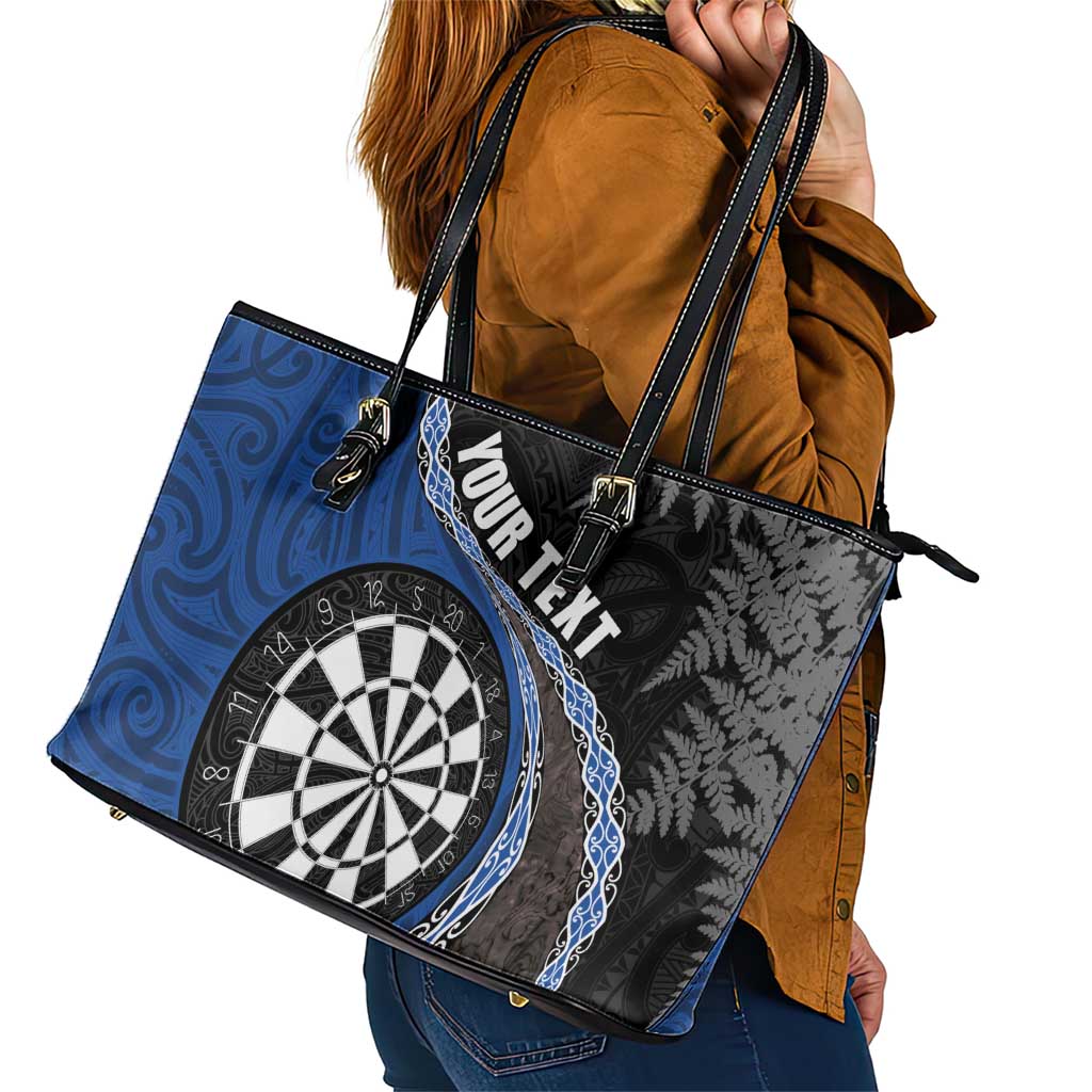 Personalised New Zealand Darts Leather Tote Bag Koru Tribal Tattoo and Silver Fern Maori Pattern Blue Color LT03 - Polynesian Pride