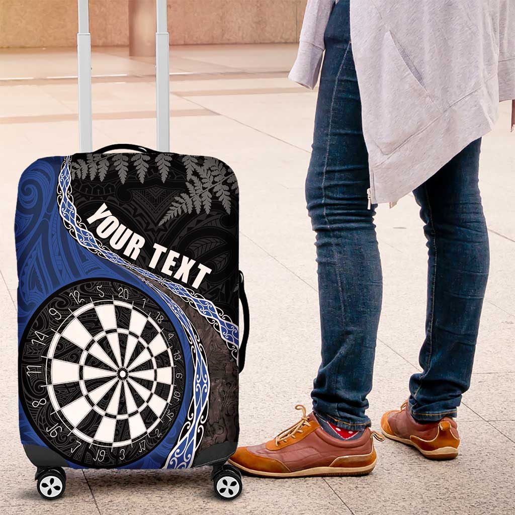 Personalised New Zealand Darts Luggage Cover Koru Tribal Tattoo and Silver Fern Maori Pattern Blue Color