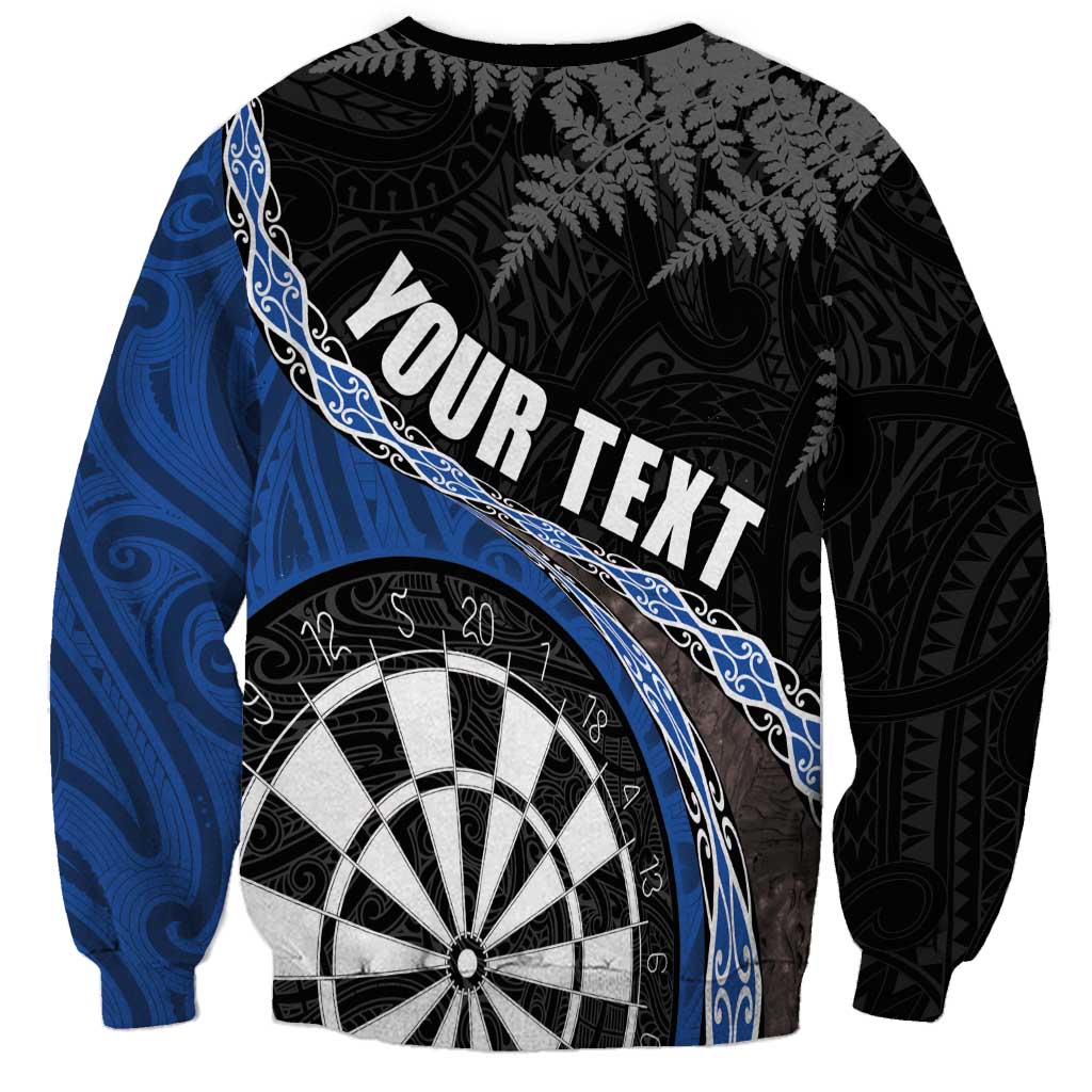 Personalised New Zealand Darts Sweatshirt Koru Tribal Tattoo and Silver Fern Maori Pattern Blue Color LT03 - Polynesian Pride