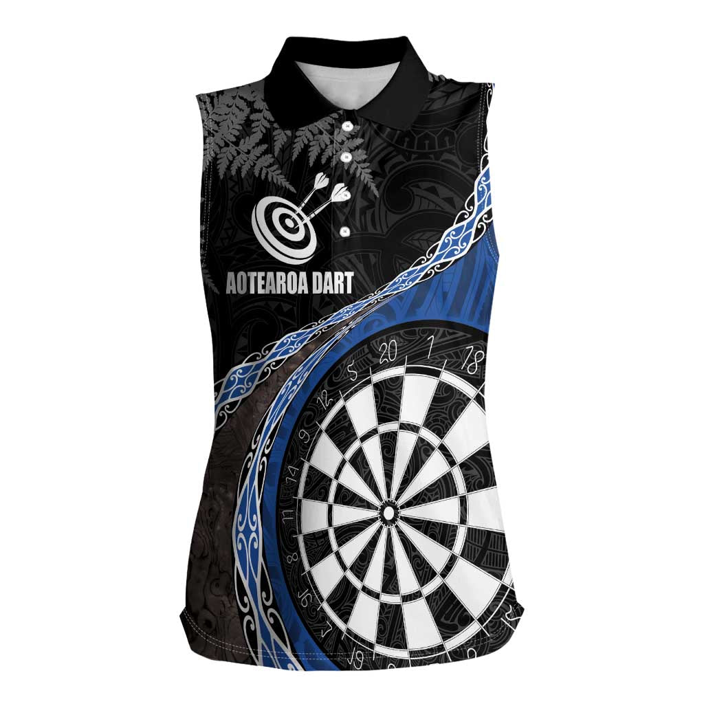 Personalised New Zealand Darts Women Sleeveless Polo Shirt Koru Tribal Tattoo and Silver Fern Maori Pattern Blue Color LT03 Female Blue - Polynesian Pride