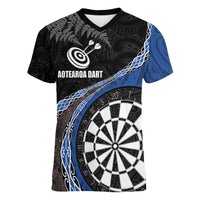 Personalised New Zealand Darts Women V-Neck T-Shirt Koru Tribal Tattoo and Silver Fern Maori Pattern Blue Color LT03 Female Blue - Polynesian Pride