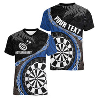Personalised New Zealand Darts Women V-Neck T-Shirt Koru Tribal Tattoo and Silver Fern Maori Pattern Blue Color LT03 - Polynesian Pride