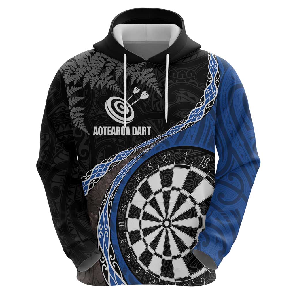 Personalised New Zealand Darts Zip Hoodie Koru Tribal Tattoo and Silver Fern Maori Pattern Blue Color