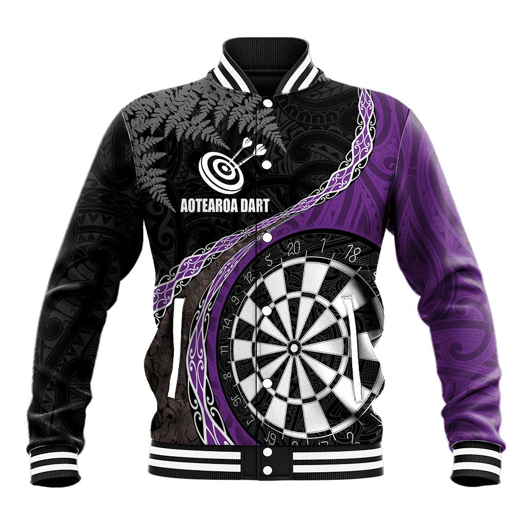 Personalised New Zealand Darts Baseball Jacket Koru Tribal Tattoo and Silver Fern Maori Pattern Purple Color LT03 Unisex Purple - Polynesian Pride
