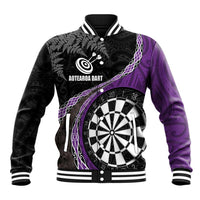 Personalised New Zealand Darts Baseball Jacket Koru Tribal Tattoo and Silver Fern Maori Pattern Purple Color LT03 Unisex Purple - Polynesian Pride