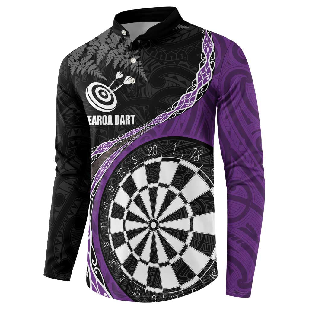 Personalised New Zealand Darts Button Sweatshirt Koru Tribal Tattoo and Silver Fern Maori Pattern Purple Color LT03 - Polynesian Pride