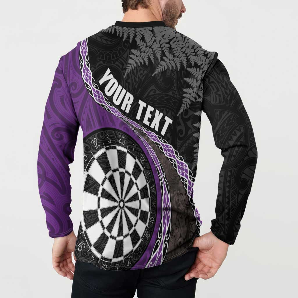 Personalised New Zealand Darts Button Sweatshirt Koru Tribal Tattoo and Silver Fern Maori Pattern Purple Color LT03 - Polynesian Pride