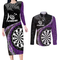Personalised New Zealand Darts Couples Matching Long Sleeve Bodycon Dress and Long Sleeve Button Shirt Koru Tribal Tattoo and Silver Fern Maori Pattern Purple Color LT03 Purple - Polynesian Pride