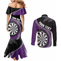 Personalised New Zealand Darts Couples Matching Mermaid Dress and Long Sleeve Button Shirt Koru Tribal Tattoo and Silver Fern Maori Pattern Purple Color LT03 - Polynesian Pride