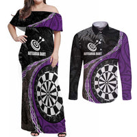 Personalised New Zealand Darts Couples Matching Off Shoulder Maxi Dress and Long Sleeve Button Shirt Koru Tribal Tattoo and Silver Fern Maori Pattern Purple Color LT03 Purple - Polynesian Pride