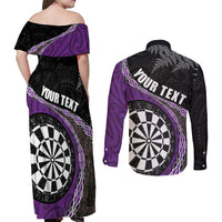 Personalised New Zealand Darts Couples Matching Off Shoulder Maxi Dress and Long Sleeve Button Shirt Koru Tribal Tattoo and Silver Fern Maori Pattern Purple Color LT03 - Polynesian Pride