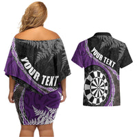 Personalised New Zealand Darts Couples Matching Off Shoulder Short Dress and Hawaiian Shirt Koru Tribal Tattoo and Silver Fern Maori Pattern Purple Color LT03 - Polynesian Pride