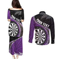 Personalised New Zealand Darts Couples Matching Puletasi and Long Sleeve Button Shirt Koru Tribal Tattoo and Silver Fern Maori Pattern Purple Color LT03 - Polynesian Pride
