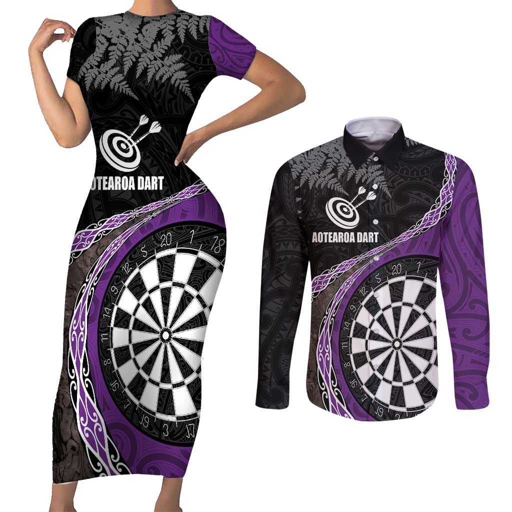 Personalised New Zealand Darts Couples Matching Short Sleeve Bodycon Dress and Long Sleeve Button Shirt Koru Tribal Tattoo and Silver Fern Maori Pattern Purple Color LT03 Purple - Polynesian Pride