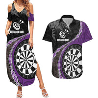 Personalised New Zealand Darts Couples Matching Summer Maxi Dress and Hawaiian Shirt Koru Tribal Tattoo and Silver Fern Maori Pattern Purple Color LT03 Purple - Polynesian Pride