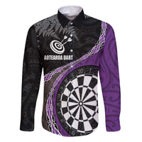 Personalised New Zealand Darts Family Matching Off Shoulder Maxi Dress and Hawaiian Shirt Koru Tribal Tattoo and Silver Fern Maori Pattern Purple Color LT03 Dad's Shirt - Long Sleeve Purple - Polynesian Pride