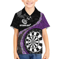 Personalised New Zealand Darts Family Matching Off Shoulder Short Dress and Hawaiian Shirt Koru Tribal Tattoo and Silver Fern Maori Pattern Purple Color LT03 Son's Shirt Purple - Polynesian Pride