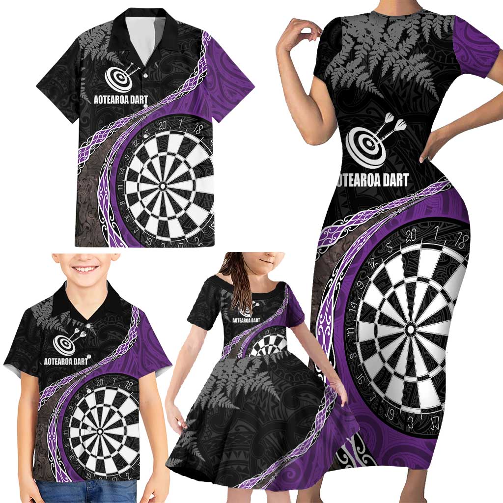 Personalised New Zealand Darts Family Matching Short Sleeve Bodycon Dress and Hawaiian Shirt Koru Tribal Tattoo and Silver Fern Maori Pattern Purple Color LT03 - Polynesian Pride
