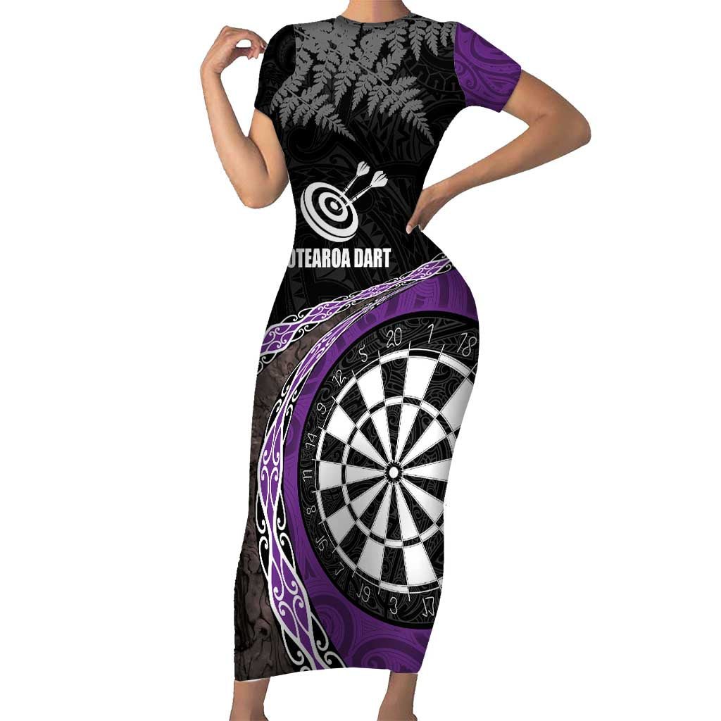 Personalised New Zealand Darts Family Matching Short Sleeve Bodycon Dress and Hawaiian Shirt Koru Tribal Tattoo and Silver Fern Maori Pattern Purple Color LT03 Mom's Dress Purple - Polynesian Pride