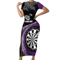 Personalised New Zealand Darts Family Matching Short Sleeve Bodycon Dress and Hawaiian Shirt Koru Tribal Tattoo and Silver Fern Maori Pattern Purple Color LT03 Mom's Dress Purple - Polynesian Pride