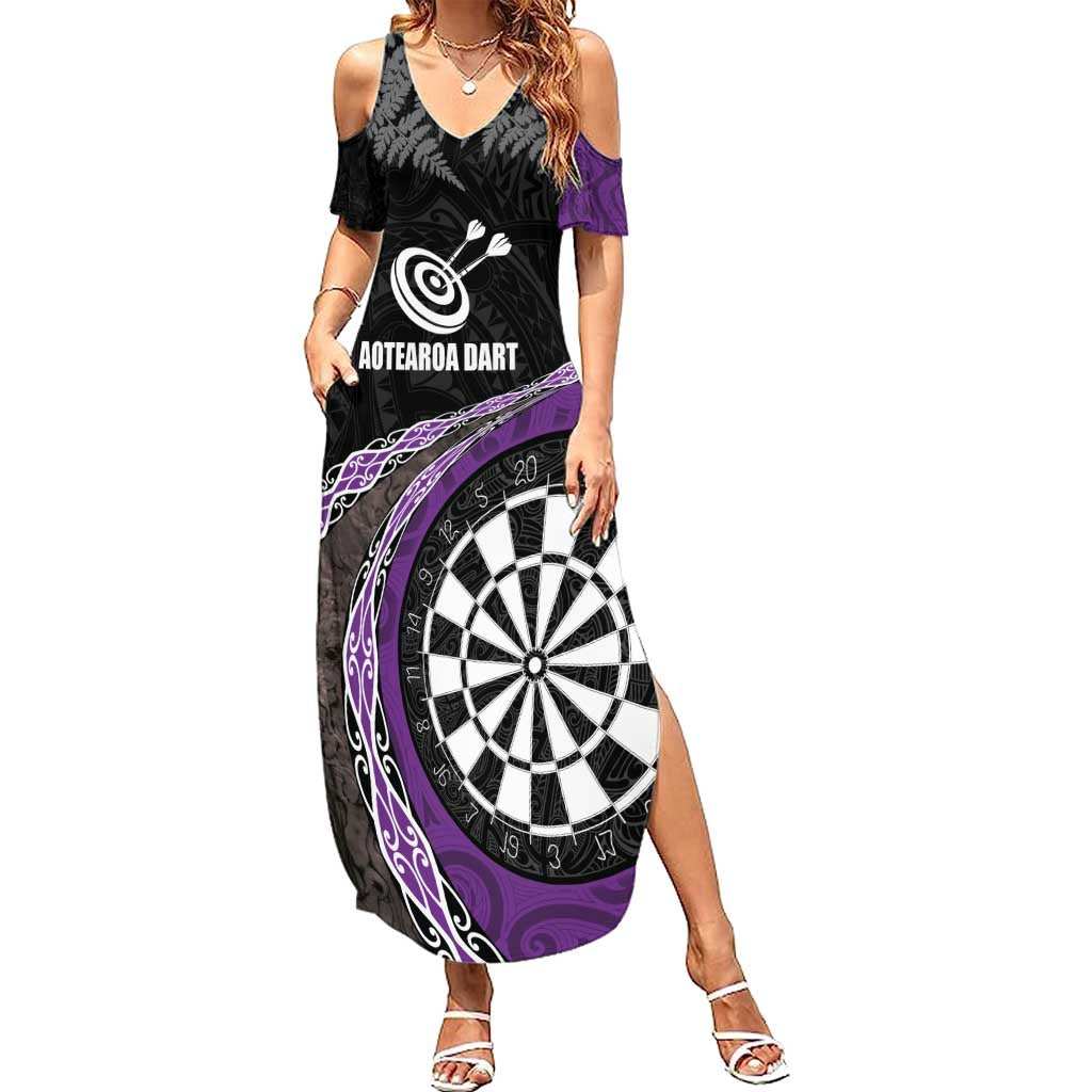 Personalised New Zealand Darts Family Matching Summer Maxi Dress and Hawaiian Shirt Koru Tribal Tattoo and Silver Fern Maori Pattern Purple Color LT03 Mom's Dress Purple - Polynesian Pride