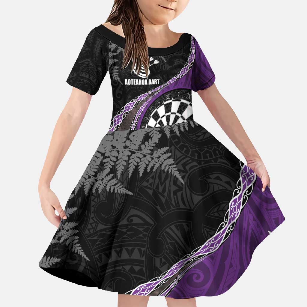 Personalised New Zealand Darts Family Matching Tank Maxi Dress and Hawaiian Shirt Koru Tribal Tattoo and Silver Fern Maori Pattern Purple Color LT03 Daughter's Dress Purple - Polynesian Pride