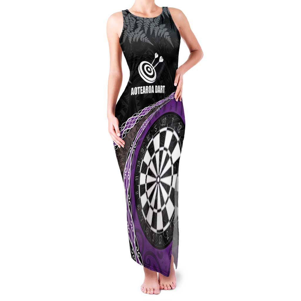 Personalised New Zealand Darts Family Matching Tank Maxi Dress and Hawaiian Shirt Koru Tribal Tattoo and Silver Fern Maori Pattern Purple Color LT03 Mom's Dress Purple - Polynesian Pride