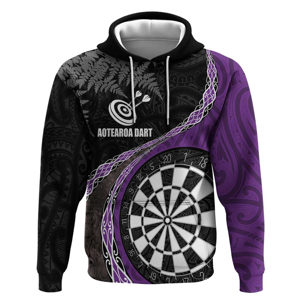 Personalised New Zealand Darts Hoodie Koru Tribal Tattoo and Silver Fern Maori Pattern Purple Color LT03 Pullover Hoodie Purple - Polynesian Pride